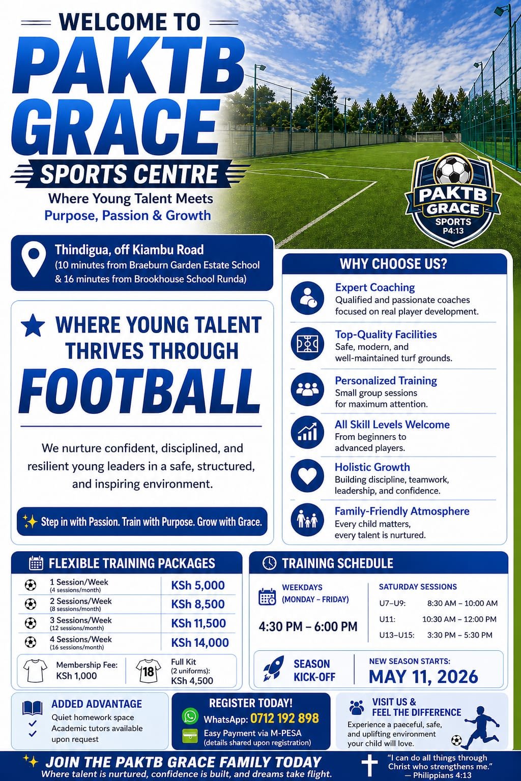 PAKTB Grace Sports Academy flyer: packages, schedule, and registration